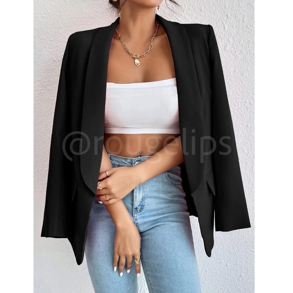 Black Blazer Jacket Shawl Collar Long Sleeve - Picture 6 of 13